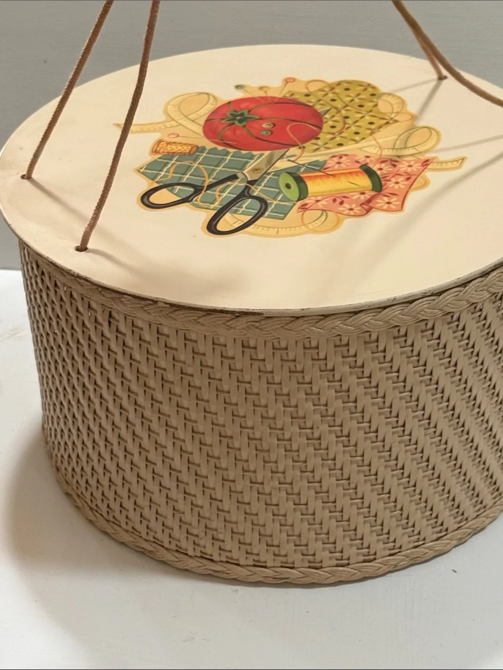 Vintage 1950’s Handcrafted Woven Sewing Basket with Cream Lid and Motif